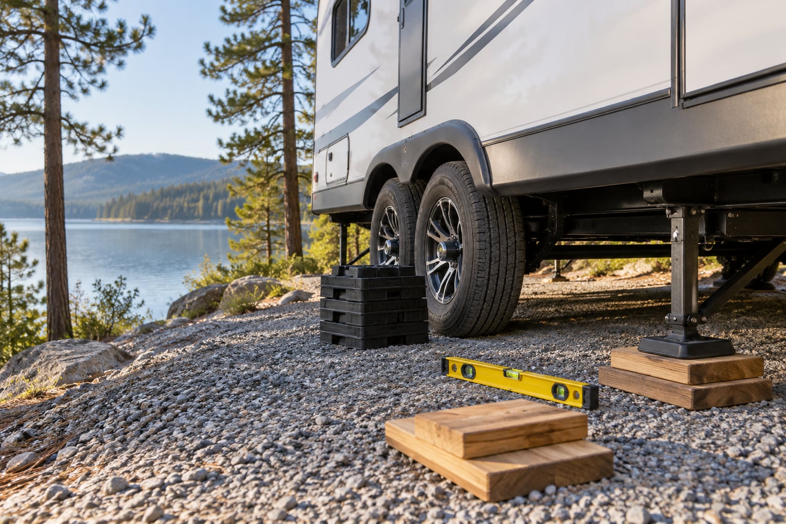 how to level an rv at a lakeside site