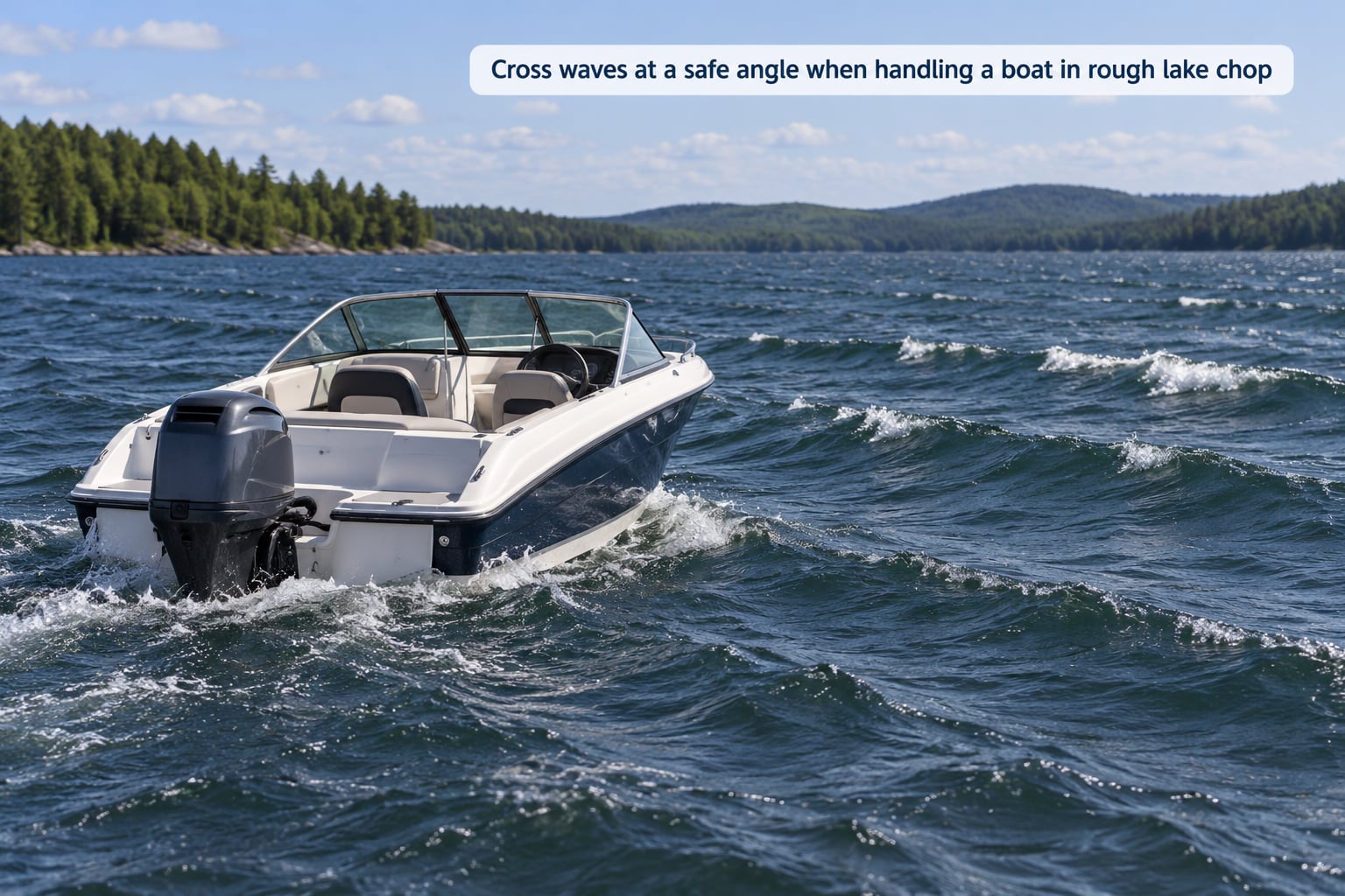 Cross waves at a safe angle when handling a boat in rough lake chop