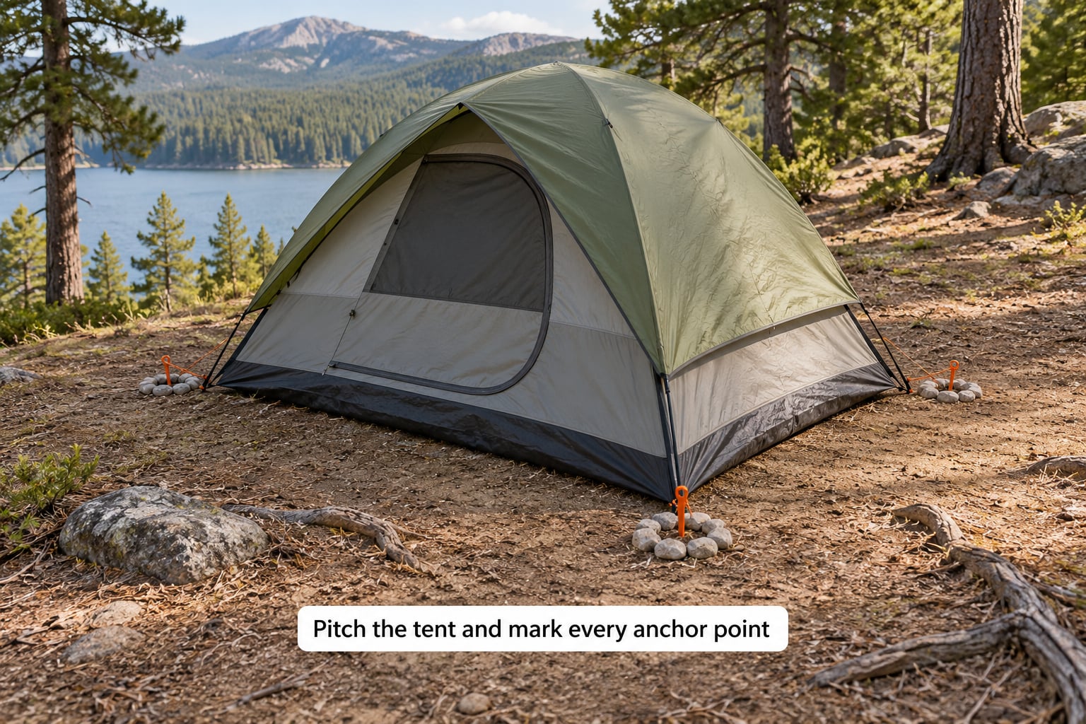Pitch the tent and mark every anchor point