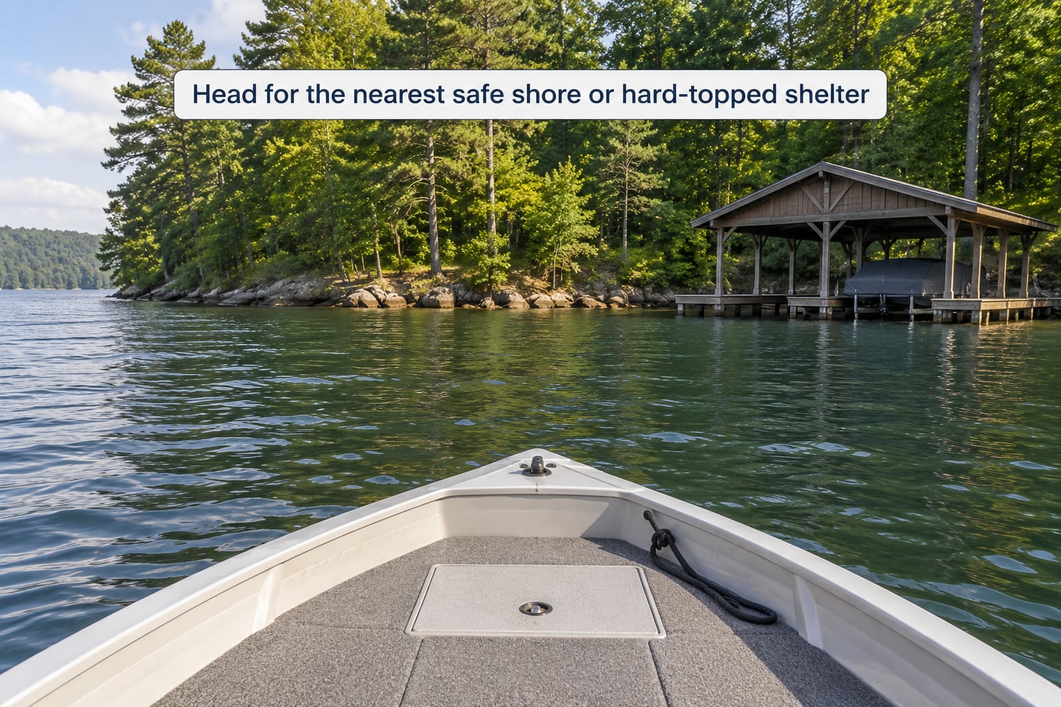 Head for the nearest safe shore or hard-topped shelter